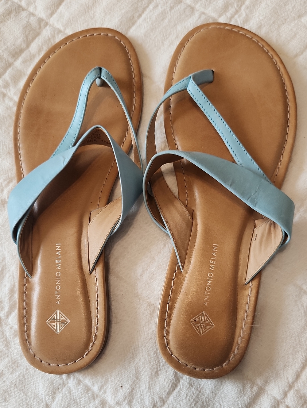 ANTONIO MELANI Light Blue Leather Crisscross Thong Sandals